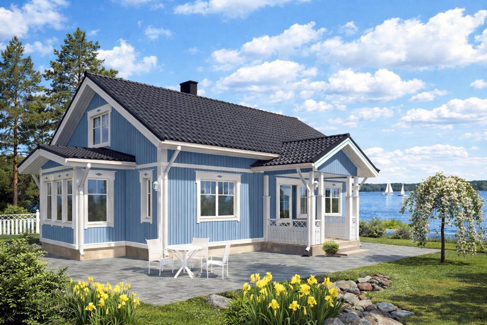 Omatalon 1,5-kerroksinen sininen talo rannalla